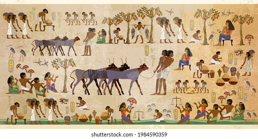 Antiguos frescos de Egipto. Agricultura, pesca, agricultura. La vida de los egipcios. Arte de historia. Vieja tradición, religión y cultura. Cuadros jeroglíficos en las paredes exteriores de un antiguo templo