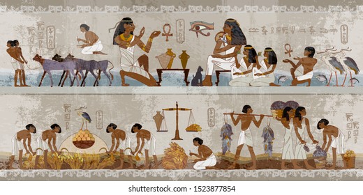 Ancient Egypt Frescoes. Agriculture, Workmanship, Fishery, Farm. Life Of Egyptians. Hieroglyphic Carvings On Exterior Walls Of An Ancient Temple. History Art 