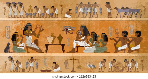 Ancient Egypt frescoes. Hieroglyphic carvings on exterior walls of an old temple. Agriculture, workmanship, fishery, farm. Life of egyptians. History art 