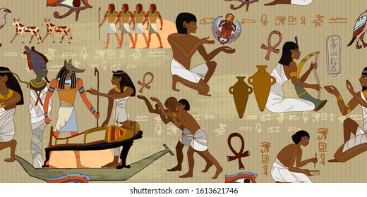 Ancient Egypt frescoes. Horizontal seamless pattern. Life of egyptians. Agriculture, workmanship, farm. History art 