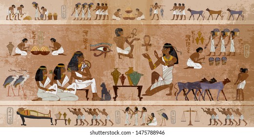 Ancient Egypt frescoes. Life of egyptians. Agriculture, workmanship, fishery, farm. Hieroglyphic carvings on  exterior walls of an ancient temple 