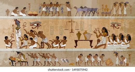 Ancient Egypt frescoes. Life of egyptians. History art. Hieroglyphic carvings on exterior walls of an old temple. Agriculture, workmanship, fishery, farm 