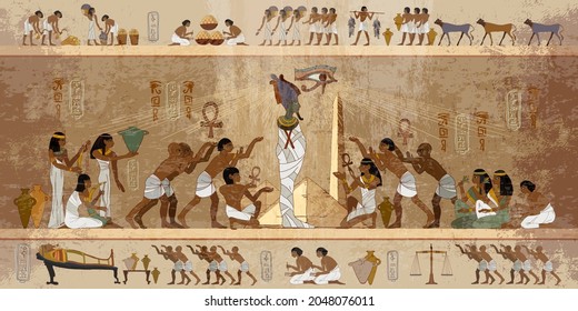 Ancient Egypt frescoes. Life of egyptians. History art. Agriculture, workmanship, fishery, farm. Hieroglyphic carvings on exterior walls of an old temple 