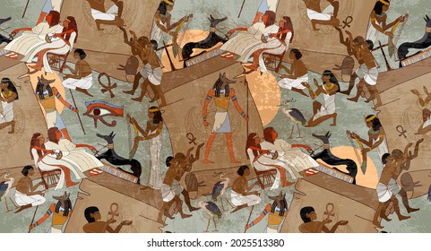 Ancient Egypt frescoes. Seamless pattern. Life of egyptians. Hieroglyphic carvings on exterior walls of an old temple. Agriculture, workmanship, farm. History art 