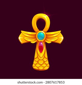 Ancient Egypt game icon of Ankh cross, jewelry pharaoh pyramid temple treasure, cartoon vector. Ankh sign or golden cross with gemstone jewels of Pharaoh jewelry treasure arcade game of Ancient Egypt