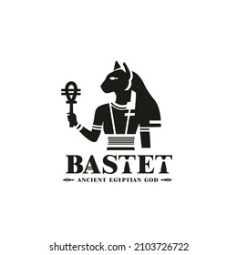 Ancient egypt god of protection bast silhouette, middle east ruler cat with crown and death symbol, middle east god Logo Design