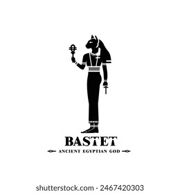 Ancient egypt god of protection bast silhouette, middle east ruler cat with crown and death symbol