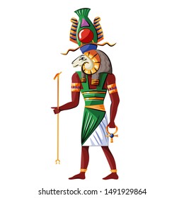 Ancient Egypt god source of Nile Khnum cartoon vector. Egyptian culture religious symbol, creator god with human figure and ram head with spiral-twisted horns and sacred symbols in his hands