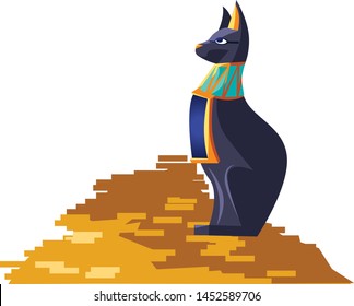 Ancient Egypt goddess cat vector cartoon illustration. Egyptian culture symbol, black statue of the goddess Bastet, sacred animal with a bunch of gold coins isolated on white background