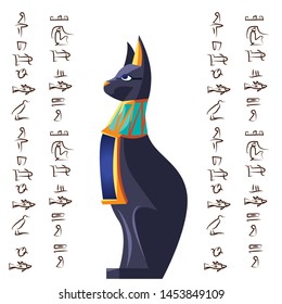 Ancient Egypt goddess cat vector cartoon illustration. Egyptian culture symbol, black statue of the goddess Bastet, sacred animal isolated on white background with hieroglyphs signs