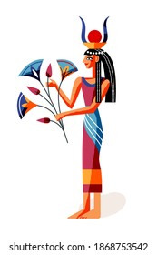 Ancient Egypt goddess. Egyptian art history female god vector illustration. Person standing with flower isolated on white background. Mythology elements and egyptian culture patterns.