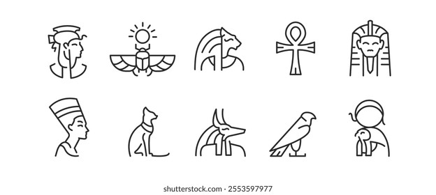 Ancient Egypt gods icons. Set of 10 trendy icons with key elements of ancient Egyptian culture and mythology such as Sphinx, Pyramids, Pharaoh, Ra. Design signs for mobile app. Vector illustration 