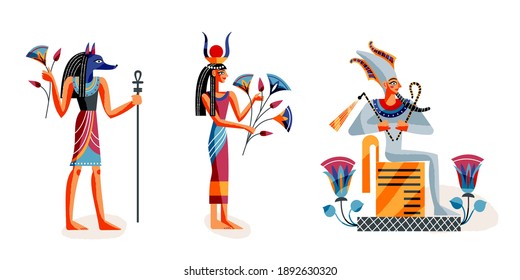 Dioses del Antiguo Egipto. Anubis, diosa egipcia, faraón de fondo blanco. Ilustración vectorial de la historia del arte. Gente parada y sentada con cetro y flores. Elementos mitológicos.