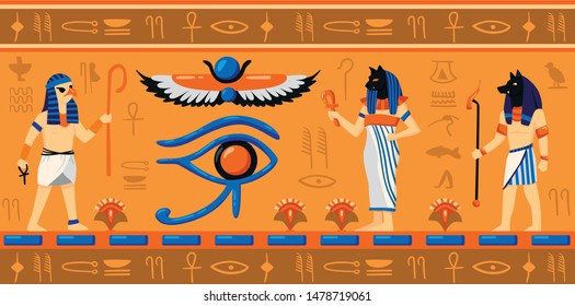 Ancient Egypt gods and symbols horizontal vector illustration