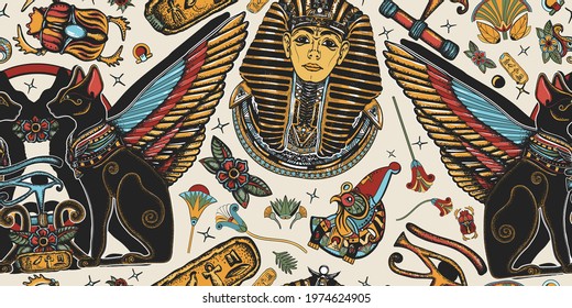 Ancient Egypt. Golden king pharaoh, two winged black cats, sacred eye of god Horus. Egyptian art. Tutankhamen. Seamless pattern