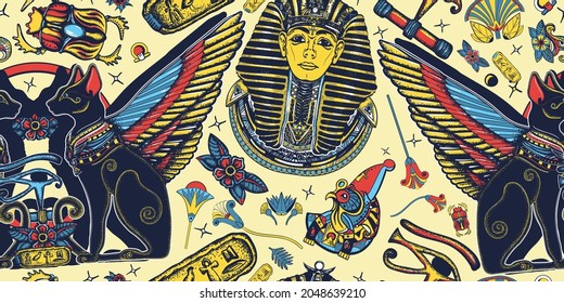 Ancient Egypt. Golden king pharaoh, two winged black cats, sacred eye of god Horus. Egyptian art. Tutankhamen. Seamless pattern