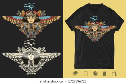 Ancient Egypt. Golden Pharaoh, Sun eye and wings Horus god. Egyptian great king. Tutankhamen. Creative print for dark clothes. T-shirt design. Template for posters, textiles, apparels 
