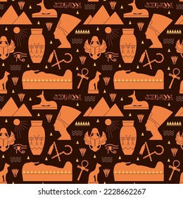 Ancient egypt golden pharaon and sarkofag. Egyptian seamless pattern, ankh and goddess head. Ethnic mythology decent vector background