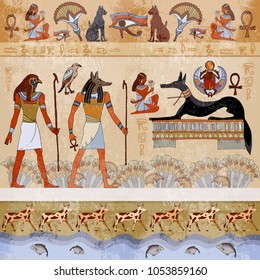 Ancient Egypt. Grunge Egypt seamless murals background. Hieroglyphic carvings on the exterior walls of an ancient egyptian. Egyptian gods and pharaohs 