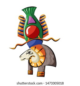 Ancient Egypt head of god source of Nile Khnum cartoon vector. Egyptian culture religious symbol, ram headed creator god with spiral-twisted horns isolated on white background