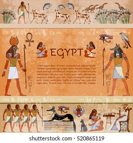 Ancient egypt. Hieroglyphic carvings on the exterior walls temple. Hand drawn vector.  Murals ancient Egypt. Grunge background 