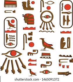 Ancient Egypt hieroglyphs cartoon vector collection. Egyptian culture symbols, pharaoh, sacred bird falcon and eye of Horus or Ra, wadjet isolated on a white background