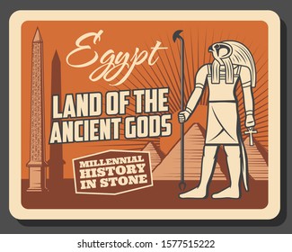 Ancient Egypt history museum and travel landmarks vintage retro poster. Vector Egypt culture tour excursions, Horus god deity, Giza and Cairo pharaoh pyramids and hieroglyphs on obelisk