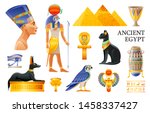 Ancient Egypt icon set. 3d Ra sun God, Nefertiti, Cleopatra queen, pharaoh pyramid, lotus vase, eye, scarab, Bastet cat, ankh coptic cross, Horus falcon, Anubis dog tomb. Cartoon Vector Egypt old art