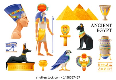 Ancient Egypt icon set. 3d Ra sun God, Nefertiti, Cleopatra queen, pharaoh pyramid, lotus vase, eye, scarab, Bastet cat, ankh coptic cross, Horus falcon, Anubis dog tomb. Cartoon Vector Egypt old art