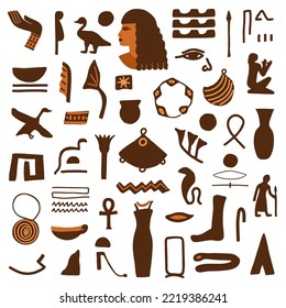 Ancient Egypt icons with ancient sculptures and hieroglyphs. Trendy abstract antique texture. Colored flat vector illustration.