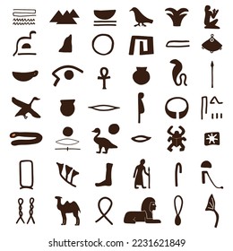 Ancient Egypt icons with ancient sculptures and hieroglyphs. Trendy abstract antique texture. Black and white flat vector illustration.