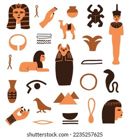 Ancient Egypt icons with ancient sculptures and hieroglyphs. Trendy abstract antique texture. Colored flat vector illustration.