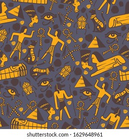 Ancient Egypt icons in seamless pattern, vector illustration. Wrapping paper with symbols of old Egyptian civilization artifacts. Flat style emblems of mummy sarcophagus, sphinx, mythical Egyptian god