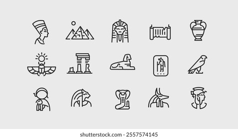 Ancient Egypt icons. Set of 15 trendy icons with key elements of ancient Egyptian culture and mythology such as Sphinx, Pyramids, Pharaoh. Design signs for mobile app. Vector illustration 