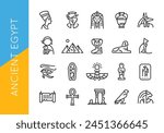 Ancient Egypt icons. Set of 20 trendy icons with key elements of ancient Egyptian culture and mythology such as Sphinx, Pyramids, Pharaoh. Design signs for mobile app. Vector illustration 