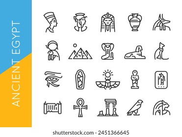 Ancient Egypt icons. Set of 20 trendy icons with key elements of ancient Egyptian culture and mythology such as Sphinx, Pyramids, Pharaoh. Design signs for mobile app. Vector illustration 