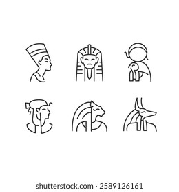 Ancient Egypt icons. Set of 6 trendy icons with key elements of ancient Egyptian culture and mythology such as Sphinx, Pharaoh. Design signs for mobile app. Vector illustration 