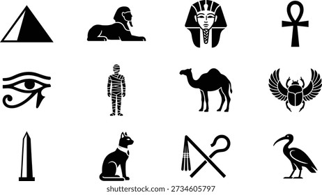 Ancient Egypt icons vector set in black silhouette style, featuring pyramid, sphinx, pharaoh head, ankh cross, eye of Horus, scarab beetle, mummy, camel, obelisk, sacred cat, crook and flail and ibis bird, perfect for history projects, museum posters, travel guides, games and logo design.
