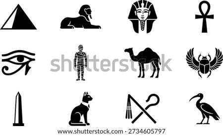 Ancient Egypt icons vector set in black silhouette style, featuring pyramid, sphinx, pharaoh head, ankh cross, eye of Horus, scarab beetle, mummy, camel, obelisk, sacred cat, crook and flail and ibis bird, perfect for history projects, museum posters, travel guides, games and logo design.