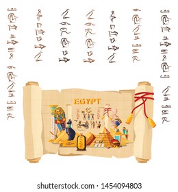 Ancient Egypt infographic cartoon vector travel concept. Papyrus scroll with hieroglyphs and Egyptian culture religious symbols, ancient gods, pyramids, pharaoh tomb, mummy, scarab and other landmarks