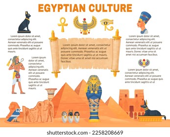 Ancient egypt infographic. Egyptian hieroglyphics egypt monuments history pharaoh or god, symbol old civilization culture landmark, cartoon ingenious vector illustration of ancient history culture