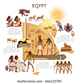 Ancient Egypt infographics. sights, culture. Egyptian gods and pharaoh traditions, map, people. Ancient Egypt template elements 