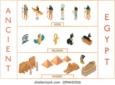 Ancient egypt isometric icons set demonstrated gods religion symbols and mystery signs isolated vector illustration