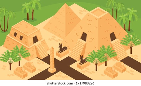 Ancient egypt landmarks historic monuments isometric background composition with kings valley pyramids god animal deities vector illustration  