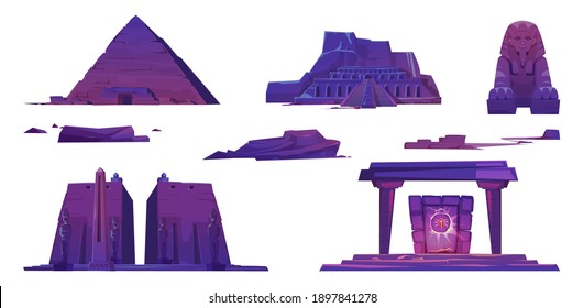 Ancient Egypt landmarks, pyramids, pharaoh temples, sphinx and mystic portal with scarab sign. Vector cartoon set of egyptian historical buildings, sculptures and stones isolated on white background