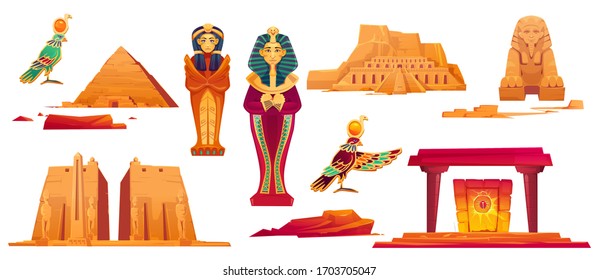 Ancient Egypt Landmarks. Vector Icons Set Of Sculptures Of Egyptian Gods, Sphinx, Pyramid And Golden Sarcophagus Of Pharaoh And Queen. Historical Temples And Obelisk Isolated On White Background