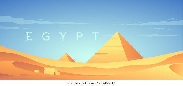 Ancient Egypt landscape. Sands, ruins and pyramids.