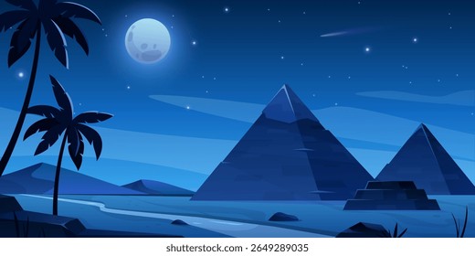 Ancient Egypt landscape. Vector illustration of the Egyptian desert at night with pyramids and sculptures, Nile River, dunes, a sandy valley, palms. Tombs of Egyptian pharaohs. Giza in African desert