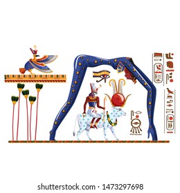 Ancient Egypt legend cartoon vector. Hieroglyphs and Egyptian culture religious symbols, Ra sits on cow back, over it in form of night sky goddess Nut, Ra leaving for sky