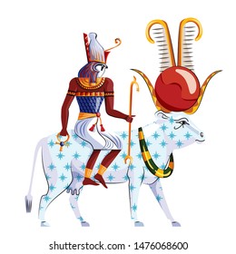 Ancient Egypt legend cartoon vector. Egyptian culture religious symbol, Ra sits on back of star-covered cow, goddess Nut, isolated on white background